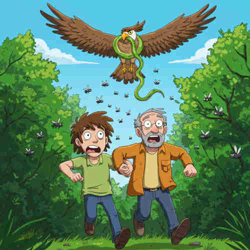 Father and son running out of the woods with a swarm of flies chasing them.