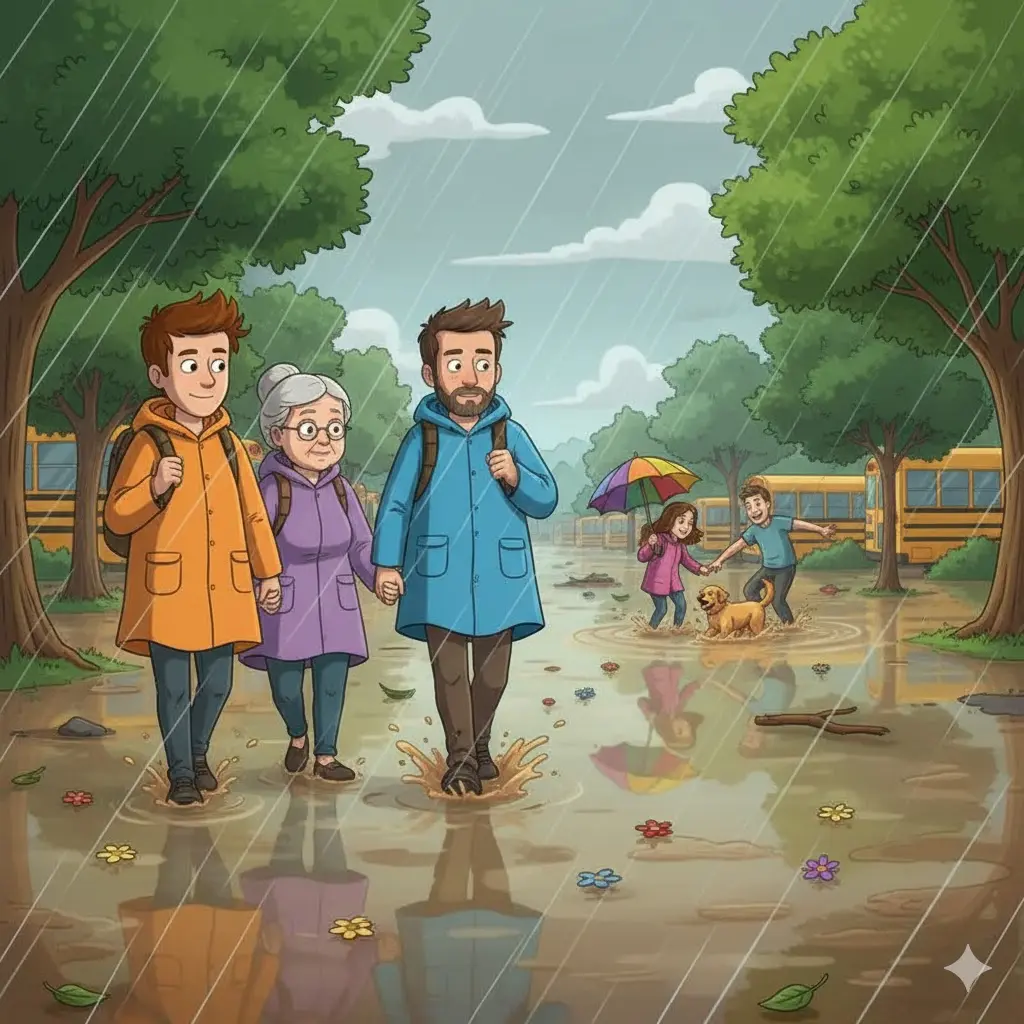 The picture shows us walking through a storm